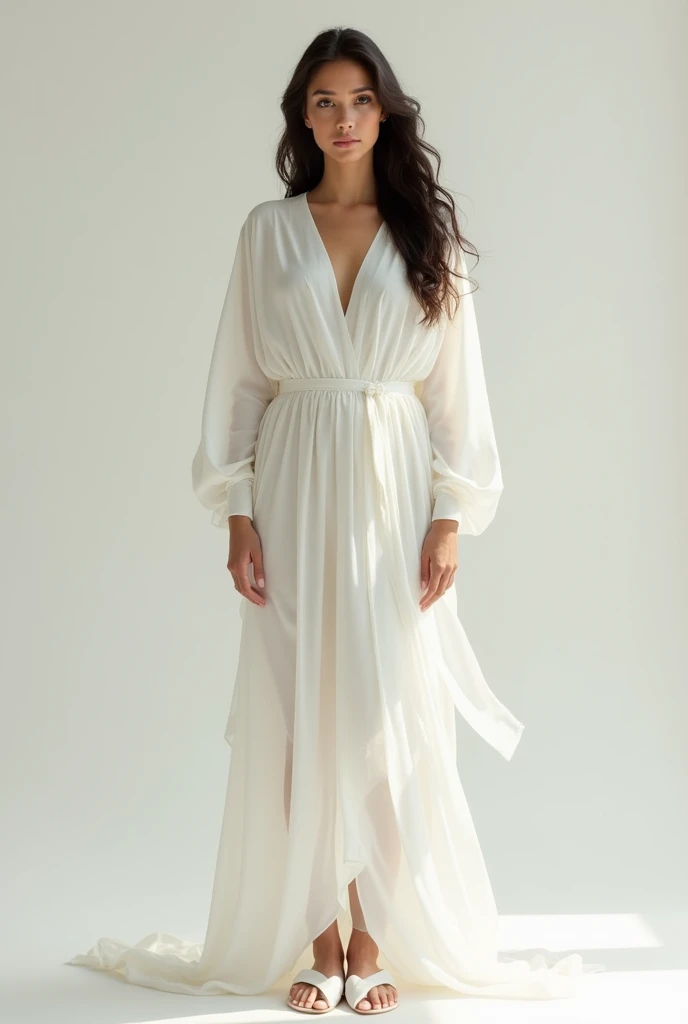 a american woman with an seraphic visage face wearing white Soft Draped Gowns, full body image, standing straight, white sandals, looking at the camera