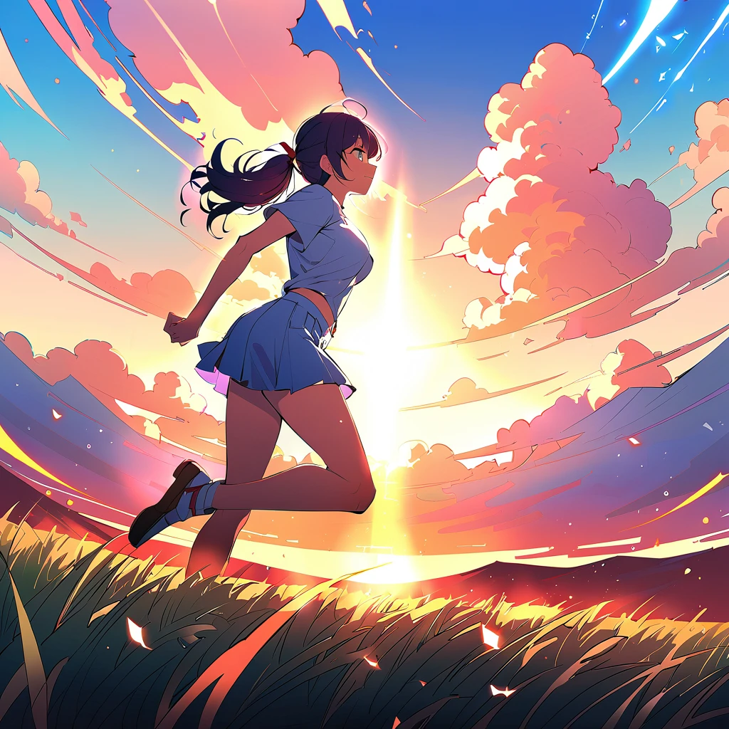 ((​masterpiece)) Japanese anime style. Woman running in a grassy field. Cine illumination particles. epic scene. Light clouds in the sky, intense pasty colors. bright coloured. lot of details