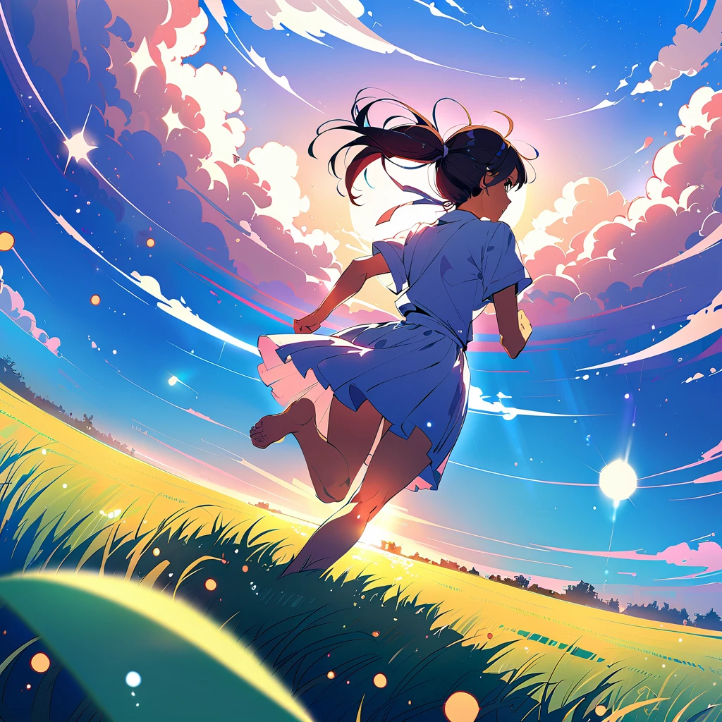 ((masterpiece)) Japanese anime style. Woman running in a grassy field. Cine illumination particles. epic scene. Light clouds in the sky, intense pasty colors. bright coloured. lot of details
