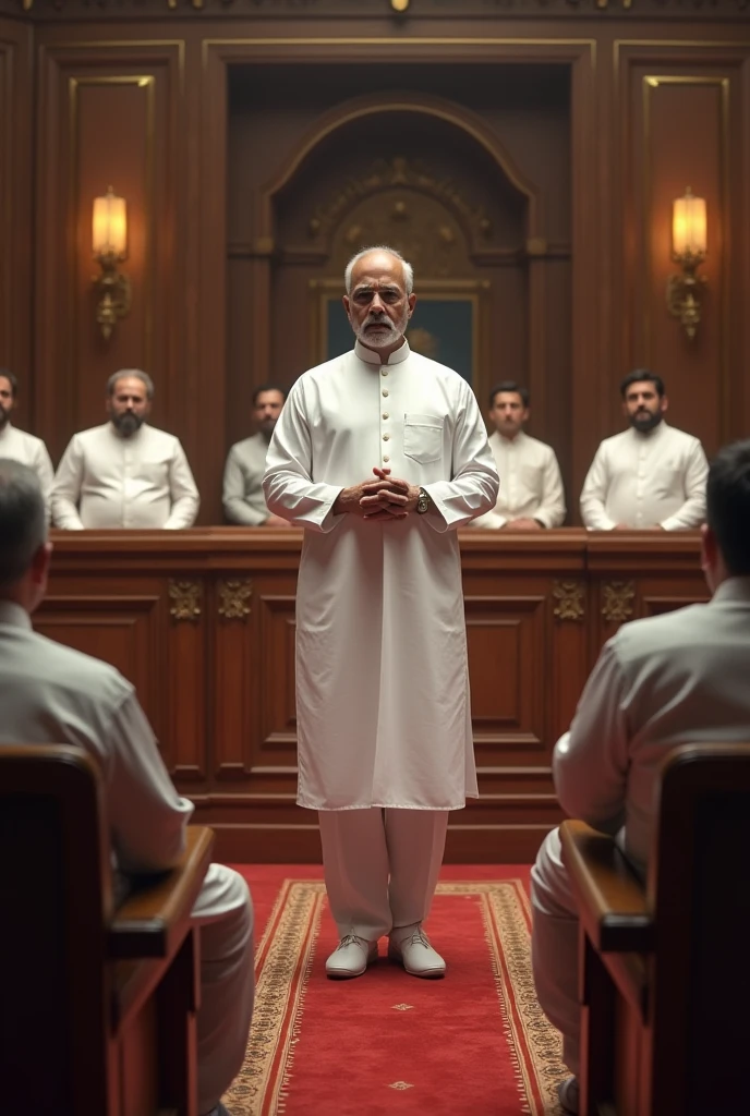 standing position cirminal political leader who white kurta in parlement and opposition leaders sitting in parlement blaming bad accuse this political leader in photo