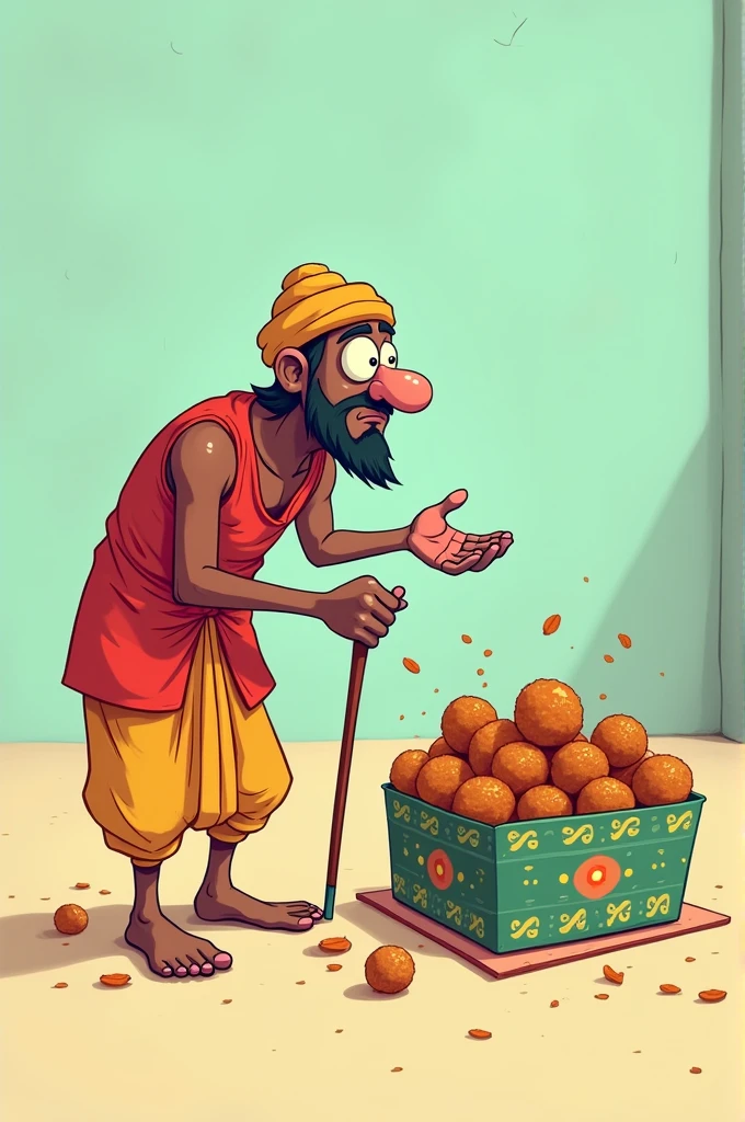 A cartoonist AI image of a blind man who is took laddu box and he is blind