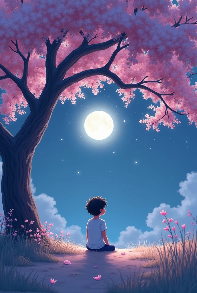15.6 inch wallpaper for laptop displaying a boy sitting under a pink
lilac tree in moon night