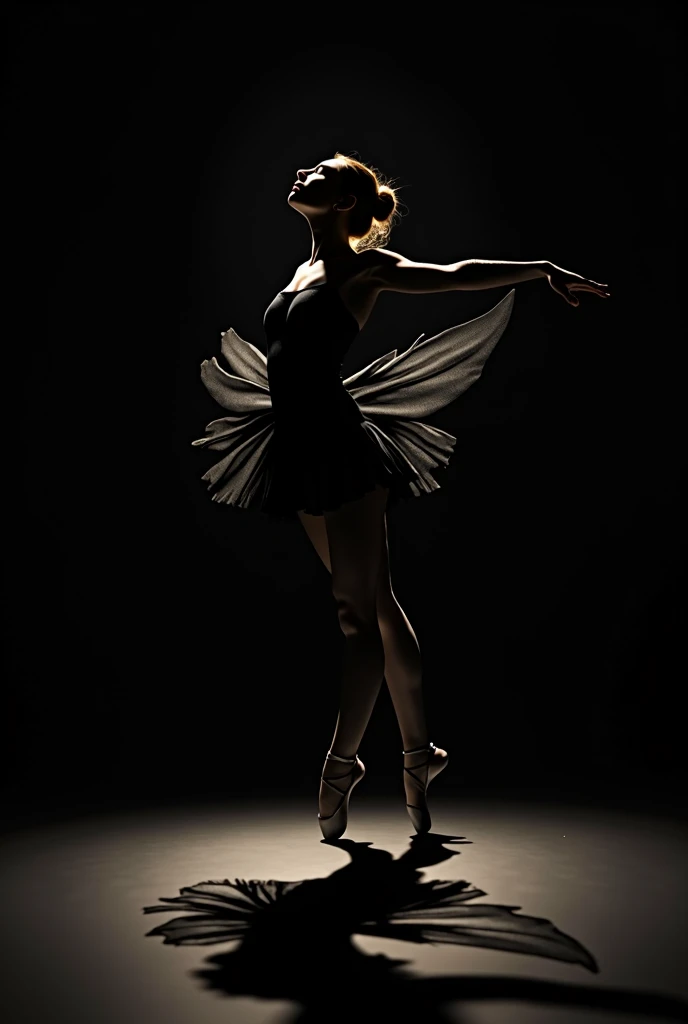 a female figure, in a ballet pose, on a completely black background.
The light that falls on it projects a shadow on the floor that transforms into the silhouette of a swan with its wings open. The contrast between the illuminated figure and the dark background is striking..
her clothes are black THE SWAN ON THE GROUND, AS IF IT WAS HER SHADOW