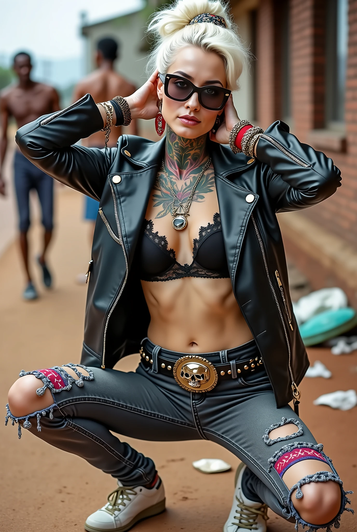 russian old milf woman,  blonde platinum hair (bougfant, top bun) and oversized square sunglasses and wide  colourful bandana as headband), with very light green eyes, extremely pale. No tan. Wearing aged black moto jacket (zippers on the side, and round plastic  badges on collar).  Black lace push up bra and visible thong straps,, dark skinny low rise grey jeans with holes on knees ( patched with colourful fabric). White tennis sneakers. Lots of thick wide studded bracelets, chain collars and big rings. Tacky wide studded leather belt with big skull and bones oval buckle. Long earrings with chains and feathers. Kneeling on the ground, stretching her neck.. Hands touching her hair, Toned abdominals, thin neck, slim legs and thin arms. Narrow hips. Heavily tattooed in colour on chest, hands, neck and arms. Dirt road in Nairobi, shirtless men behing. Garbage and waste on the ground.