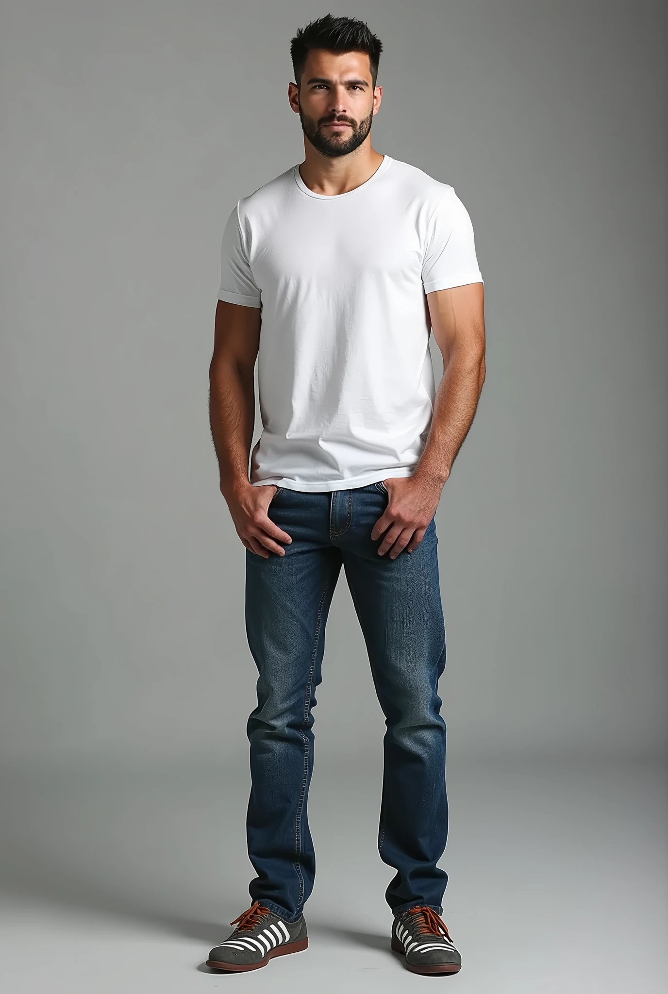 handsome man, standing straight facing forward, with white t-shirt, denim jeans pants, on a grey background, cotton t-shirt texture, fitted t-shirt, round neck, striped tights. Medium camera shot.