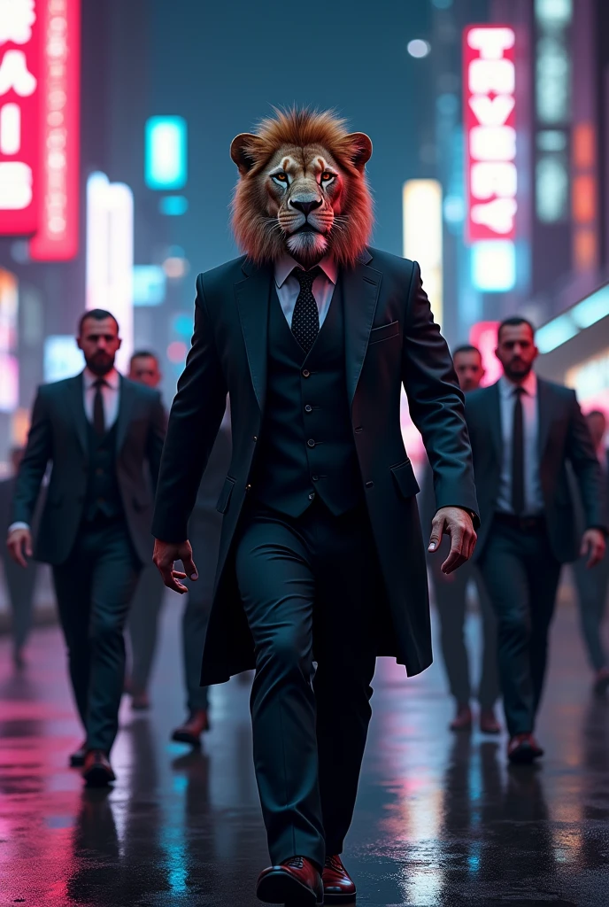 Lion dressed like buisness man in suit, put print "INVICTUS" with lion head on suid, walking down the street in neon city at night with his mafia around