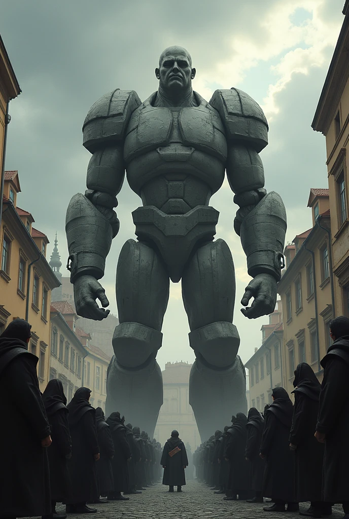Show the Golem, an imposing clay figure, standing in a square in Prague, surrounded by a group of astonished Jews. Draw the expression of power on his face, but also a glimpse of loss of control. In the background, Rabbi Loew, with a worried look, holding a holy book. The sky may be cloudy, symbolizing the tension between creation and responsibility.
