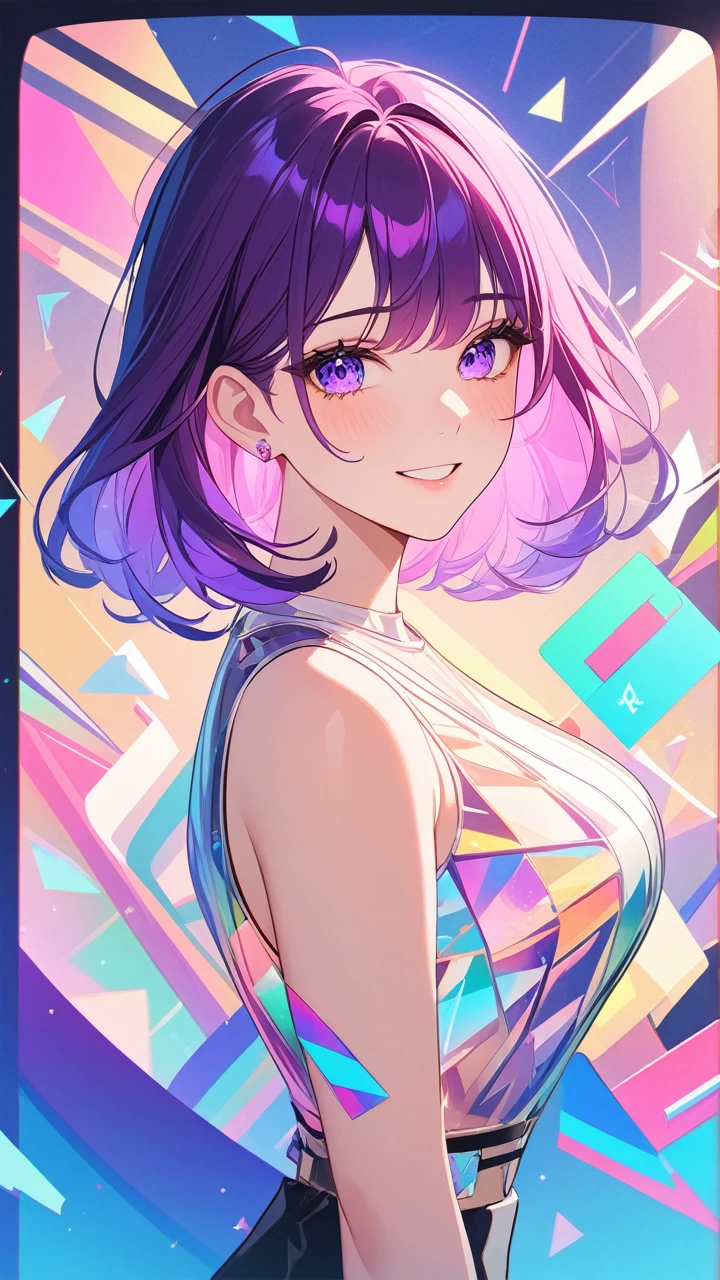 masterpiece,bestquality,superwideangle,fingeraudience,1girl,purplehair,hand,cuteanimeface,tears,masterpiece,transparentcolorPVCclothing,transparentcolorvinylclothing,wholebody,glitchlump}onface,smile,mediumhair,filmgrain,lens_flare,colorful,chromaticaberration,dynamicpov,closedmouth,Intenseemotionalexpression:death,glitchart,ultra-detailed,extremelydelicateandbeautiful,albumcover,album,albumdescription,Pixilationonface,Doubleexposure,ChromaticAberration,Lightleaks,Noiseandgrain,Colordegradation,Glitchlettering,art,abstractart,geometry,clearlines,squares,bright,limitedpalette,{canonicalcomposition},neatdiagonalstripedbackground,{{bluewithwhitestripedbackground}},{limitedpalette},flatcolored,blueandwhite,