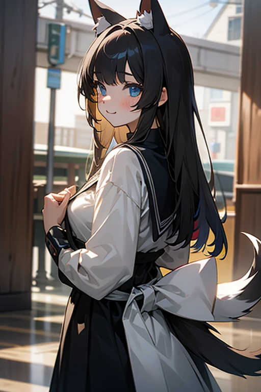 A neat and beautiful girl with dog ears and a tail