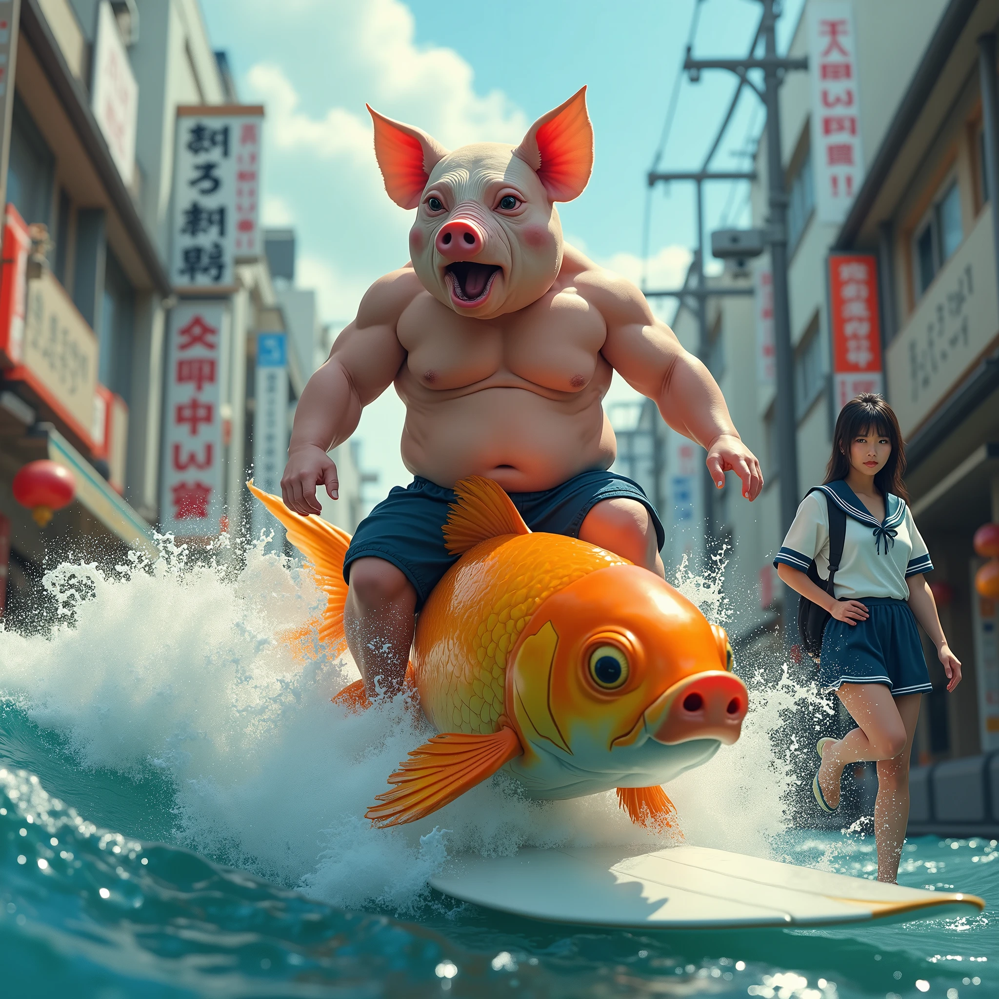 A muscular, chesty, shirtless pig riding a giant goldfish while surfing a wave,(((realistic photography))),, portrait, (afraid face:1.3),, beautiful girl, looking at viewer, , (school uniform:1.2), shirt buttoned and trousers, , (busty cleavage:1),, in the japan street, (environment details:1.3),, (RAW Photo, cg unity, photography, ultra realistic details, sharp focus, detailed skin,4k, high-res, masterpiece, best quality, realistic, vibrant:1.2),, (8k,4k, UHD, high resolution, professional, cinematic, movie, dramatic),, (anamorphic depth of field blur background), detailed background,