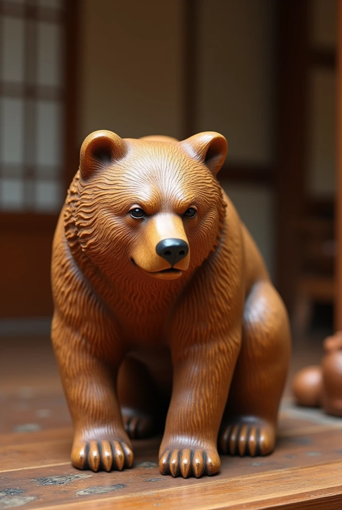 (masterpiece, Highest quality, shape, Subtle details, 8k:1.2),(Highly detailed CG Unity 8k wallpaper), (Highest quality), (Best illustrations), (Photo shoot by a professional photographer:1.2),(Best Shadow), ((Ara, a local folk art々Beautifully carved wooden wild brown bear,The wood carvings are displayed in a house that evokes the Showa era.,The wood carvings are palm-sized:1.2))