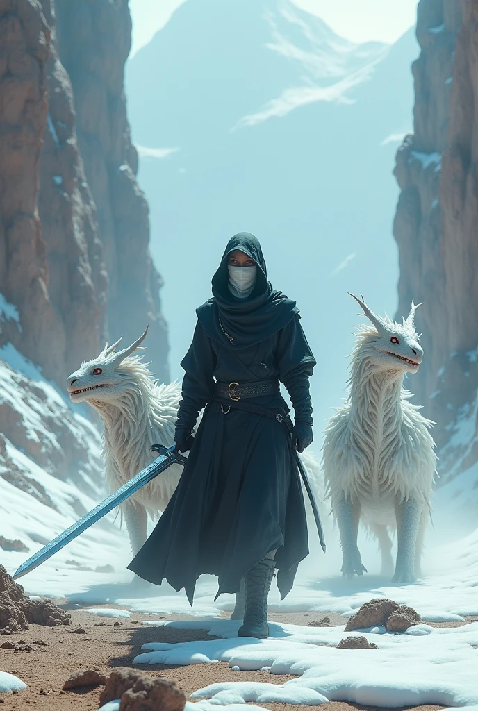 A Hunter in dark clothes (above all) and details with white dragons, a white cloth mask on his face. He holds an ice sword and is in a desert, half hot and half snowy