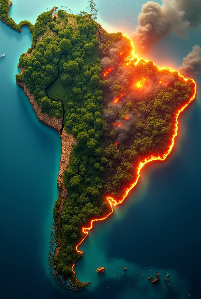 Map of Brazil with half in bush and half in fire