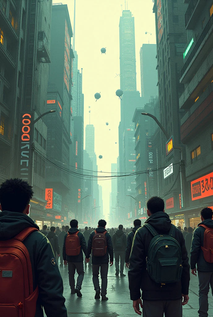 Desperate people on a street. 2d illustration. imaginative environment.
