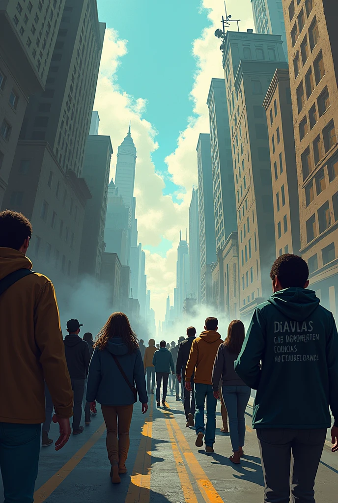 Desperate people on a street. 2d illustration. imaginative environment.