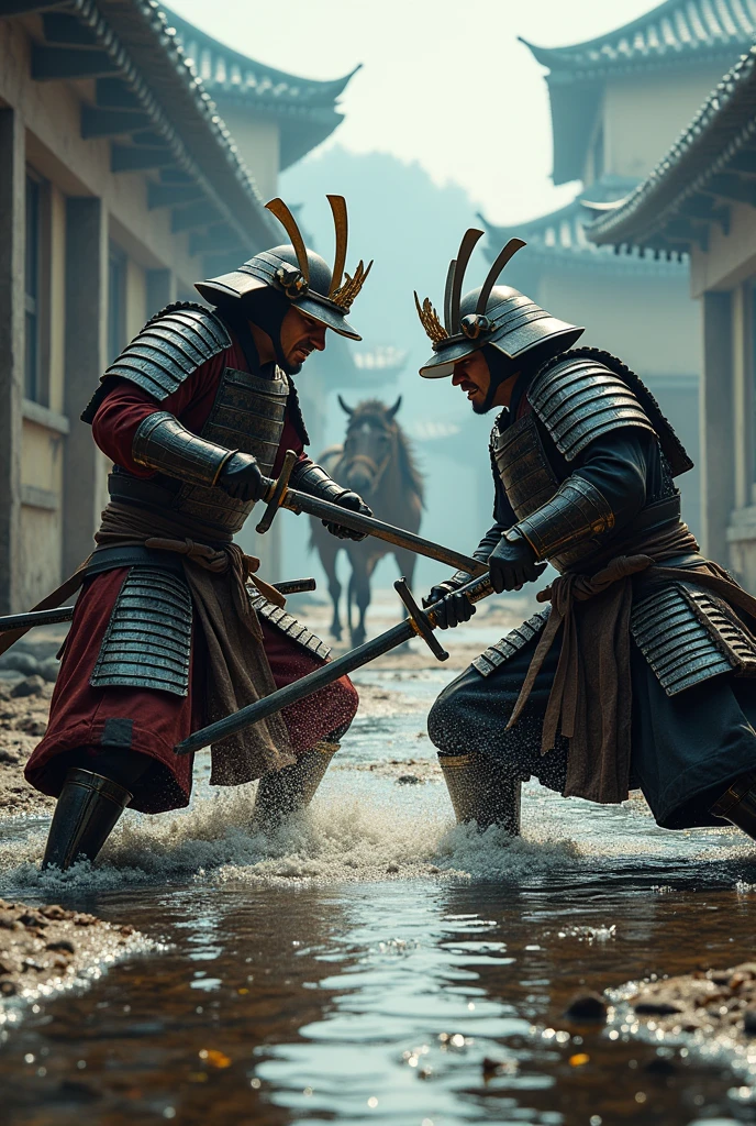 Absurd, High resolution, Super detailed, beautiful, masterpiece, Highest quality、水面に光がreflectionしている、reflection、Realな質感、Realistic、Real、Realistic、Blur、samurai、armor、Japanese sword、Fight、Combat Ready、anger、war、Broken Building、horse、inflammation、scratch、Two people、沢山のsamurai、Sword Sparks、In combat、