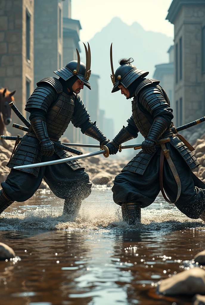 Absurd, High resolution, Super detailed, beautiful, masterpiece, Highest quality、水面に光がreflectionしている、reflection、Realな質感、Realistic、Real、Realistic、Blur、samurai、armor、Japanese sword、Fight、Combat Ready、anger、war、Broken Building、horse、inflammation、scratch、Two people、沢山のsamurai、Sword Sparks、In combat、
