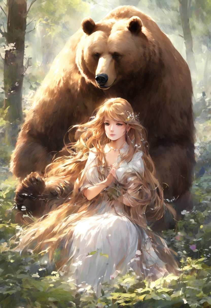 (Mysterious, fantastical and fantastical world)、(A huge brown bear and a beautiful young girl)、(The girl is the spirit who governs the peace of the forest.)、(Brown bear is ferocious, but he is her servant.)、(The brown bear is there to protect the girl.)、 (Mysterious and mysterious forest)、An inhospitable forest、Like the trees, plants and insects in the forest々Spirits gather in a faint light.、Imagine you are sitting in a deep forest., Create a magical moment that pays tribute to She-Bear's character, Very detailed, Beautiful Landscape、Realistic、(Cinema Lighting) 、 (Bokeh)、(Highest quality, masterpiece, High resolution)、4K Anime Art、 wallpaper、