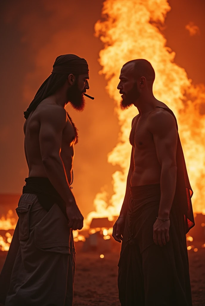 HD wallpaper of two shirtless infidels and Muslims facing each other while in hell