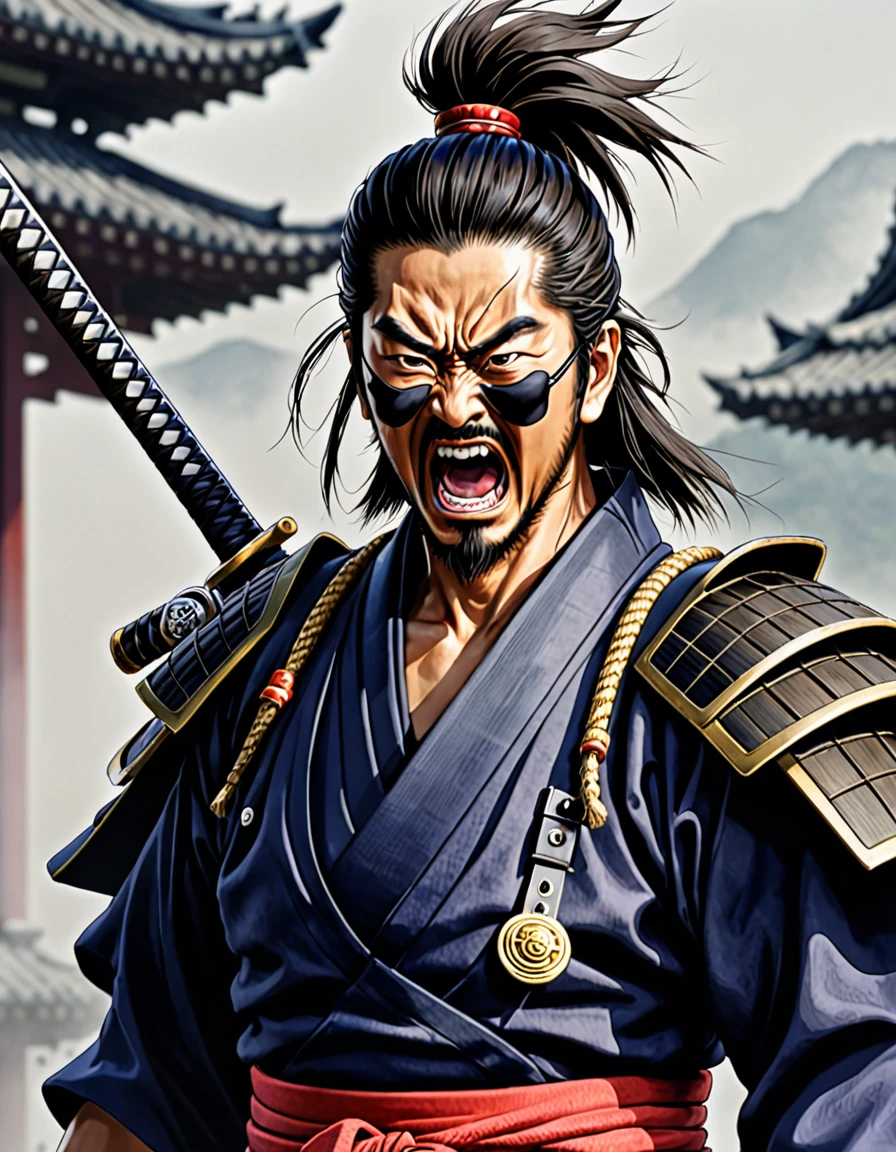 One-eyed samurai, eye patch on the other, screaming, best qualityer, ultra detali, 