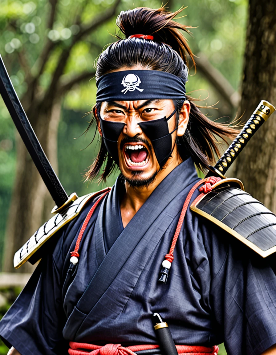 One-eyed samurai, eye patch on the other, screaming, best qualityer, ultra detali,