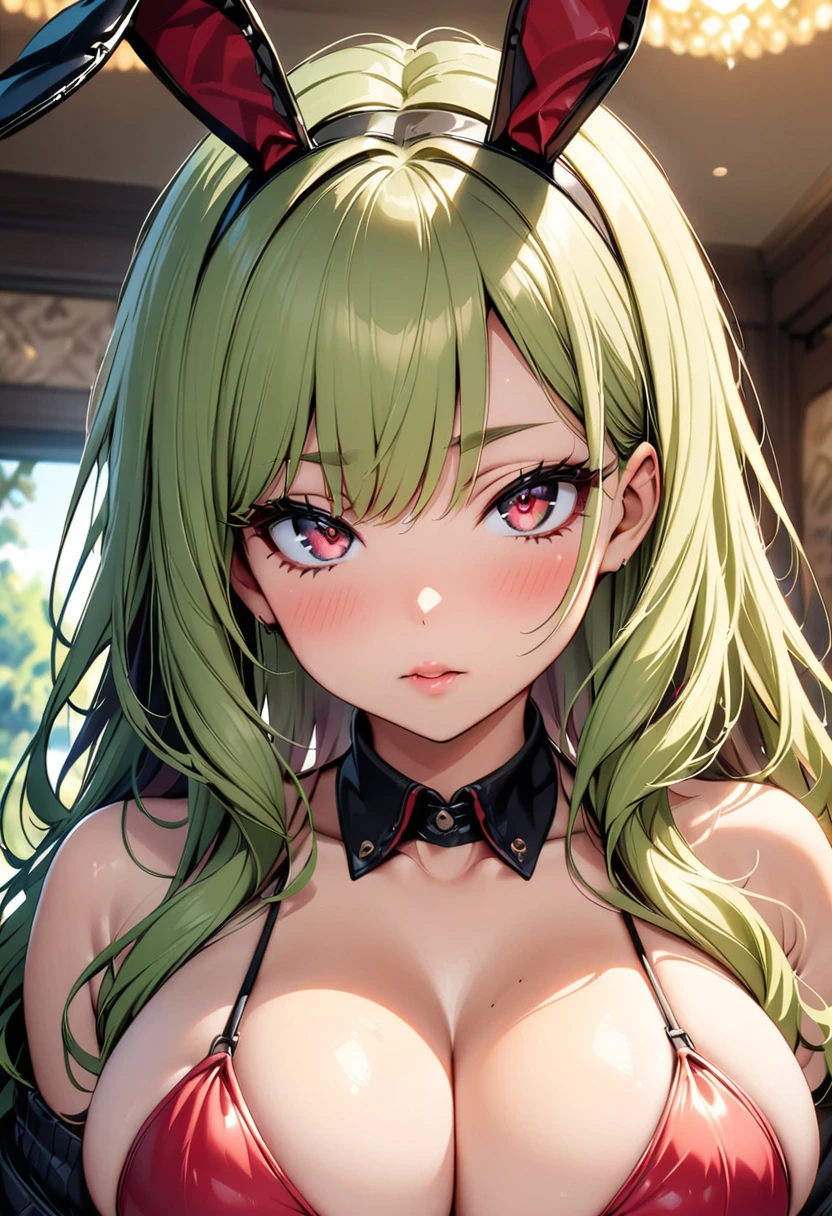 Ultra, high resolution, 1girl, solo, green hair, wavy hair, long hair, ((red eyes)), glowing eyes, sultry eyes, juicy lips, plump lips, glossy lips, soft blush, dolly face, eyelashes, eyeliner, large breasts, pale skin, ((red bikini)), cleavage, (bunny ears), bedroom background, warm lightning, very detailed clothes, very detailed face, very detailed eyes, very detailed hair, ultra, best quality, masterpiece, looking at viewer, in love with the viewer, portrait, posing seductively, closed mouth, holding breasts. 