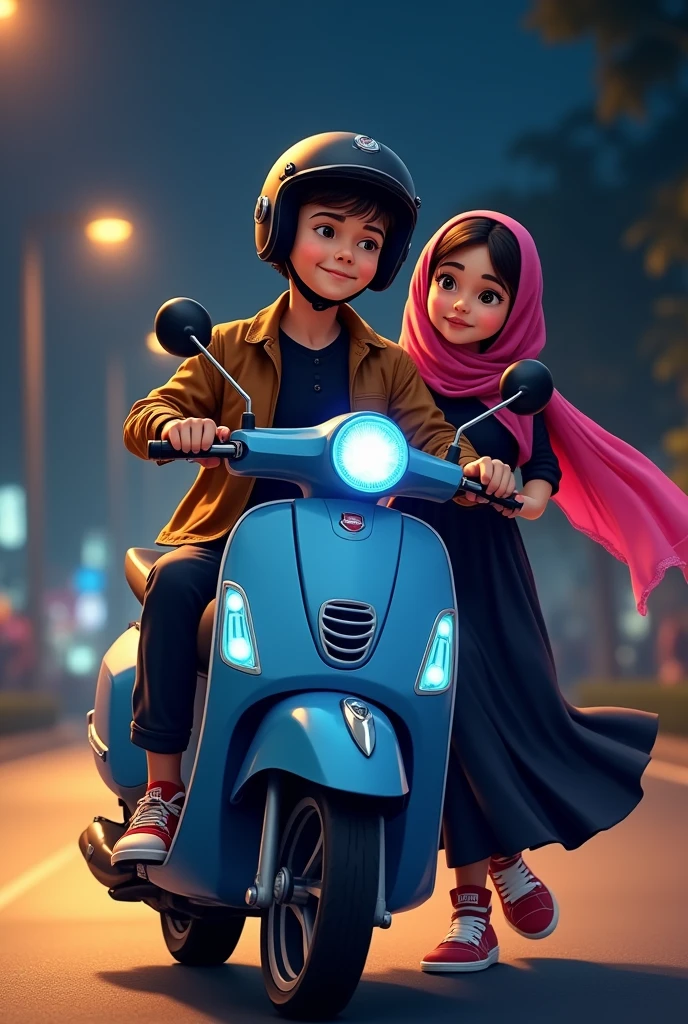 An malay boy wear black shirt with brown jacket with black helmet on his head is sitting on a blue scooter with a girl who wear a black churidar with pink dopatta behind him and a street lights at night backgtound view