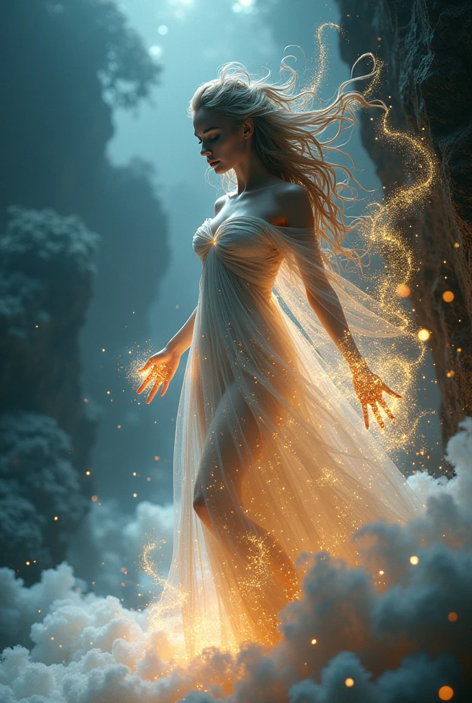 A woman formed by magic particles，