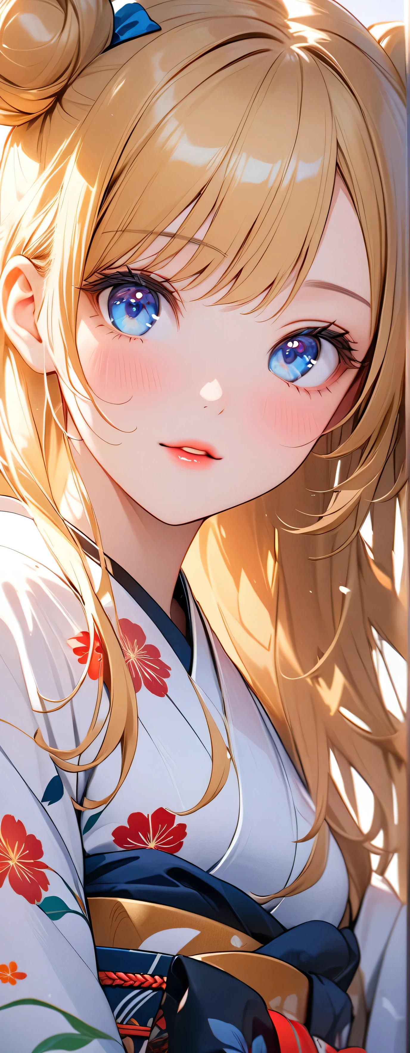 (beautiful girl: 1.3),1girl,masterpiece, Highest quality, Ultra-high resolution,Rich contrast,super high quality,8k,Highly detailed CG unit wallpaper,texture,Unbelievably absurd,Ultra-high resolution,RAW Photos,Depth of Field 1.2,double buns,blonde,Light blue eyes,(Beautiful and detailed kimono),blush,White skin,blonde,Long Hair,Beautiful glossy lips,pinup,((extreme close-up)),ほほえむ