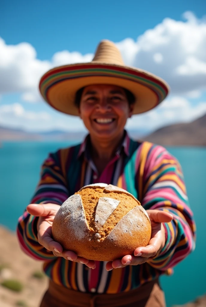 artisanal bread from Puno in Peru for social networks image with the background of Lake Titicaca, baker with indigenous highland chullo presenting the bread, with more sky