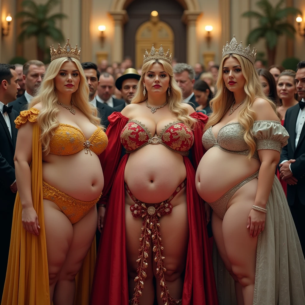 Three plus size model women with a lot of fat on their stomachs and buttocks weigh 200kg, they gained weight by eating too much, they are obese blonde haired American plus size models with very big buttocks, their buttocks are big and bulging and covered with a lot of fat, they are wearing the gorgeous costumes of queens and standing in front of the people in the castle, 4K quality