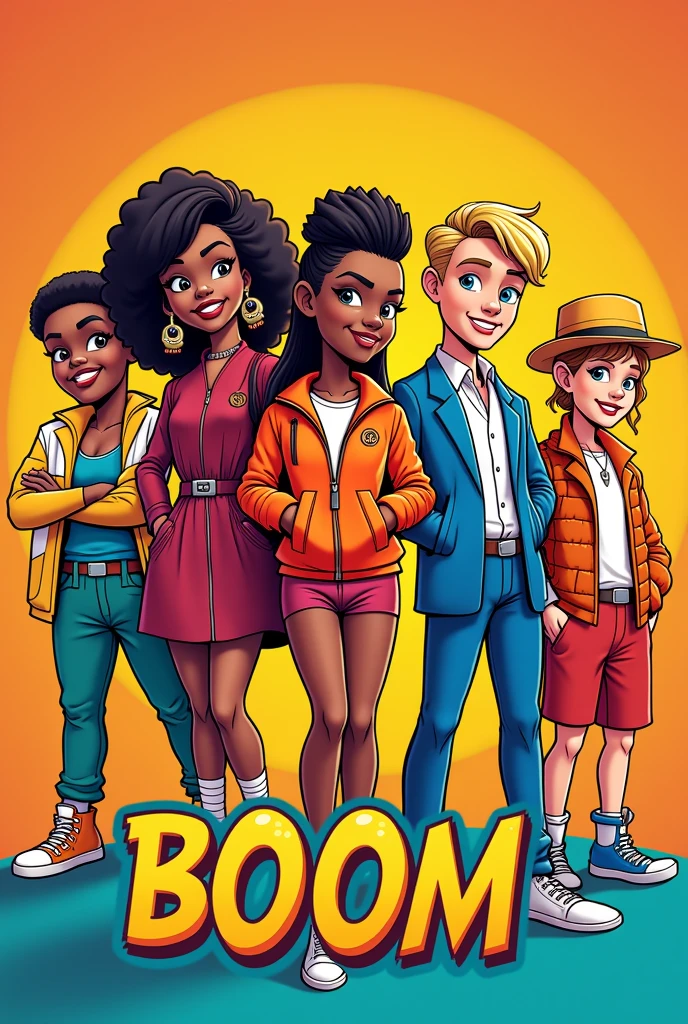 Creat a cartoons like 5 of them wearing cloth wearing clothes written Boom with a bitcoin logo