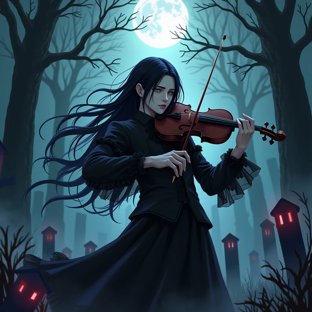 ((Anime boy)(( 1 male with long black hair and teal eyes, dressed in frilly gothic black clothes. His skin is white and pale like a vampire. Playing violin in the graveyard. (((Gloomy)) ((smoky)) ((dark)) ((black and purple)) (((scary))) ((horror))) mysterious) (((masterpiece)) ((perfectly detailed) (((anime style))) ((Halloween)) ((scary))) ((smoke fills the room) ((looking down))) ((up angle) ((corpses and dead souls are dancing around him) (((up angle)))) gloomy atmosphere. Sleepy eyes)) tired expression))) ((((dark)))) no hope left. No faith left.