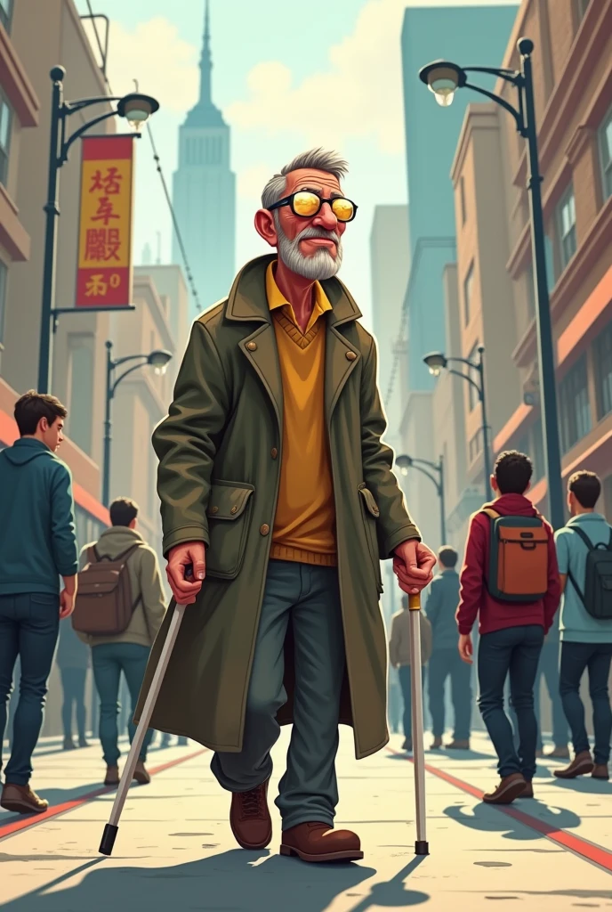 A cartoonist AI image of a blind man with a background