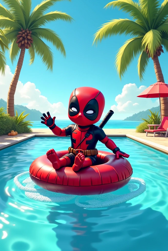 BOY&#39;S BIRTHDAY INVITATION WITH DEADPOOL CARTOON ON AN INFLATABLE IN A LARGE POOL WITH A BEACH BACKGROUND CARTOON