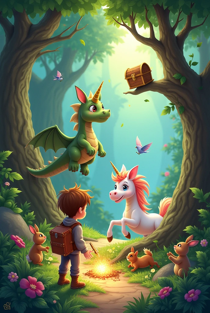 *Create three separate small scenes in one image: Max and Daisy finding a sparkling treasure chest hidden under some roots, Max gently talking to a small, grumpy dragon sitting on a rock, and Max introducing a shy unicorn to a group of friendly animals.*