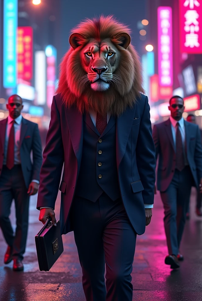 Lion dressed like buisness man in suit, put print "INVICTUS" with lion head on suit, walking down the street in neon city at night with his mafia around