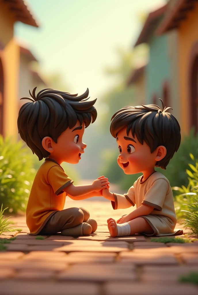 A 3D movie poster in Disney-Pixar style of Jesus as a kid helping his friend that broke his ankle and praying for him to recover
