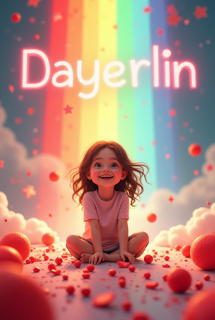 Happy girl surrounded by a rainbow on the floor, many red dots, a text that says Dayerlin with the first letter capitalized