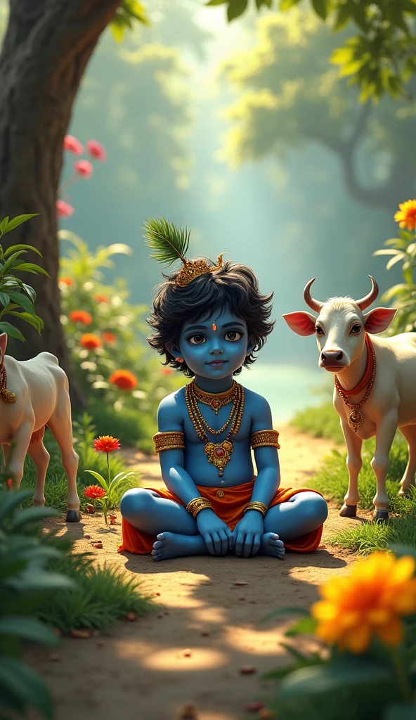 Little krishna in garden siting in cow