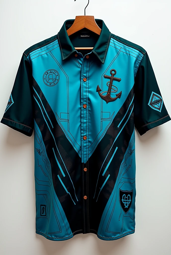 An eye catching turquoise blue and black  short sleeved shirt with cyberpunk patterns and a tiny anchor on the left side