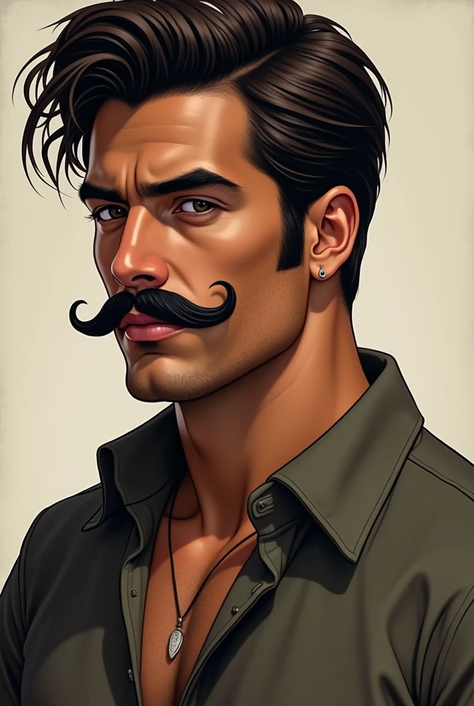 Draw me , my characters: tall, white brown skin, brown eyes, a cut hair black, whit a mustache black, Brasilian nationality