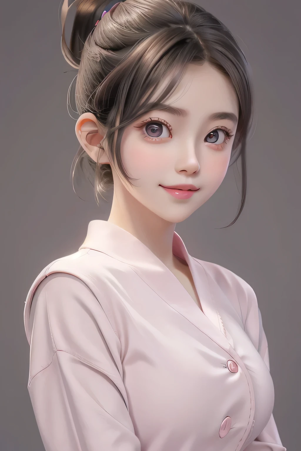 one woman, short brown hair, Big eyes, gray eyes, Sharp features, white skin, pink lips, ponytail, sailor suit, symmetrical eyes,smile