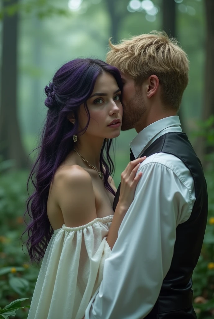 English woman 20 years old,skin fair,sparkling green eyes,dark purple hair,white gown,She is serene,kissing a blond haired man he sticks a dagger in her chest while kissing her,forest of light scenario,scenarioposes,make-up,cinema image,品質,full body images,detailed,full body image,high resolution,