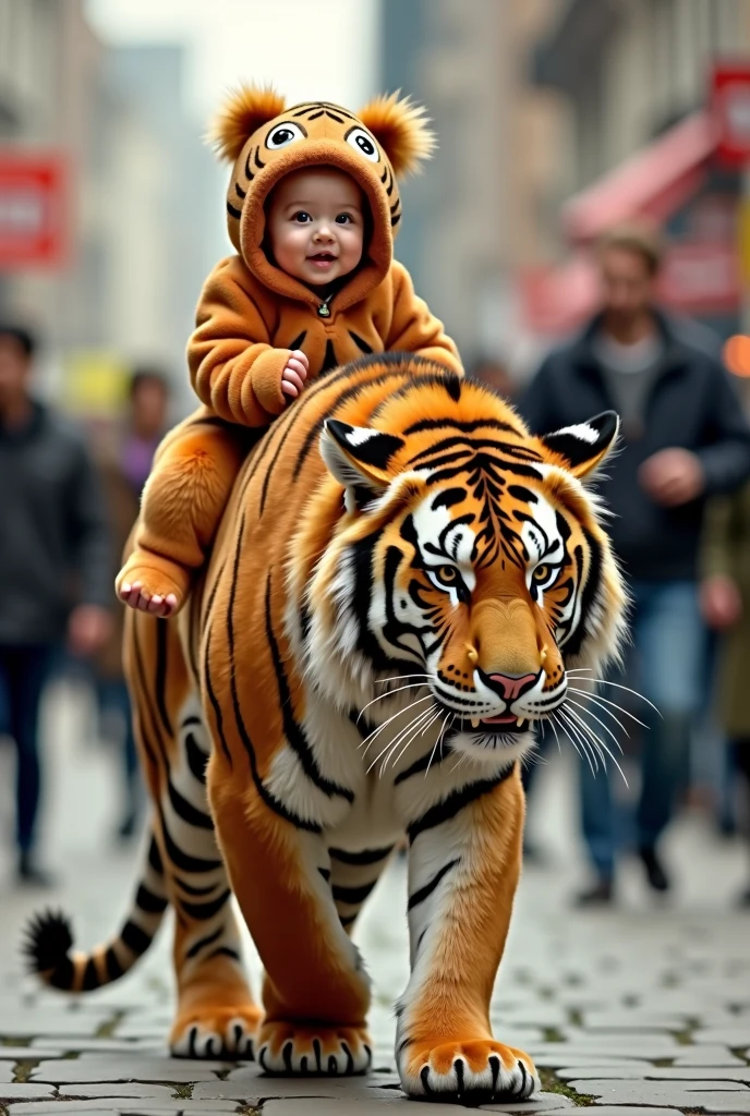 A baby wearing a furry costume that resembles a tiger motif. The baby is seen sitting on the back of a large tiger and walking slowly. The tiger has orange fur with distinctive black stripes, and a facial expression that looks calm yet alert. The background of the image shows a seemingly bustling atmosphere, with some people faintly visible in the distance, presumably watching the scene. The combination of the baby and tiger costumes creates an adorable and unique impression.
