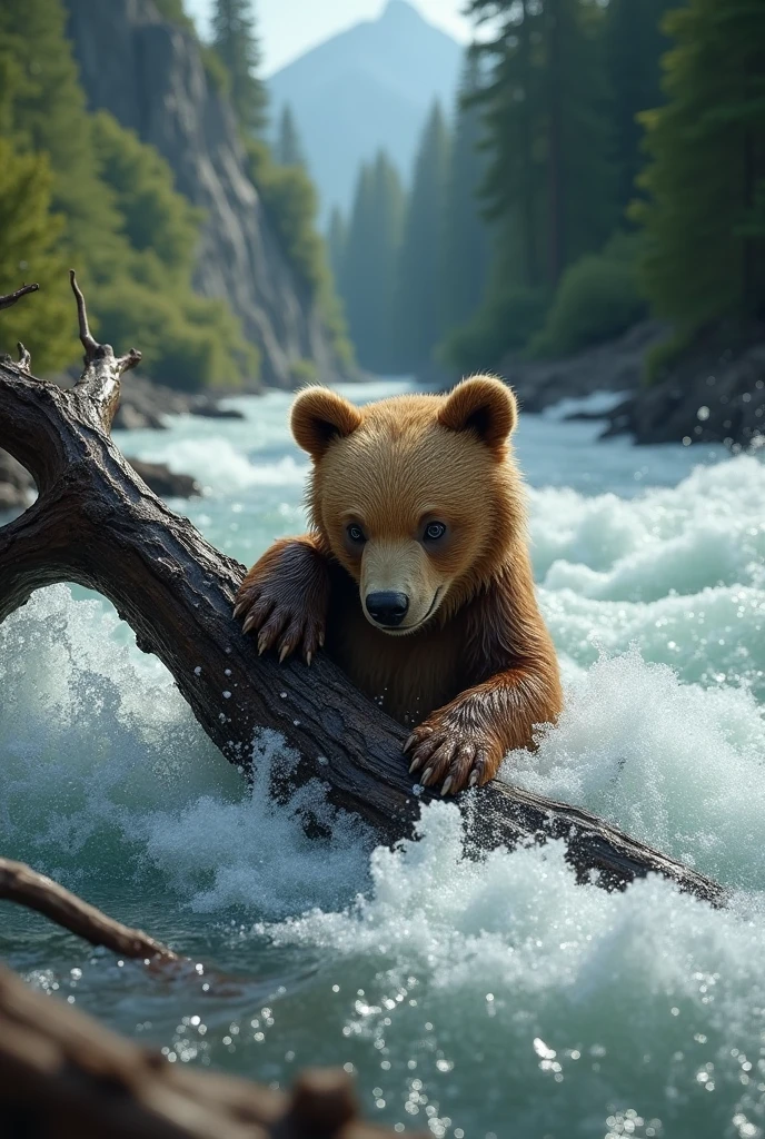 Movie Scenes、A brown bear is swept away by the rapids along with a rotten tree.