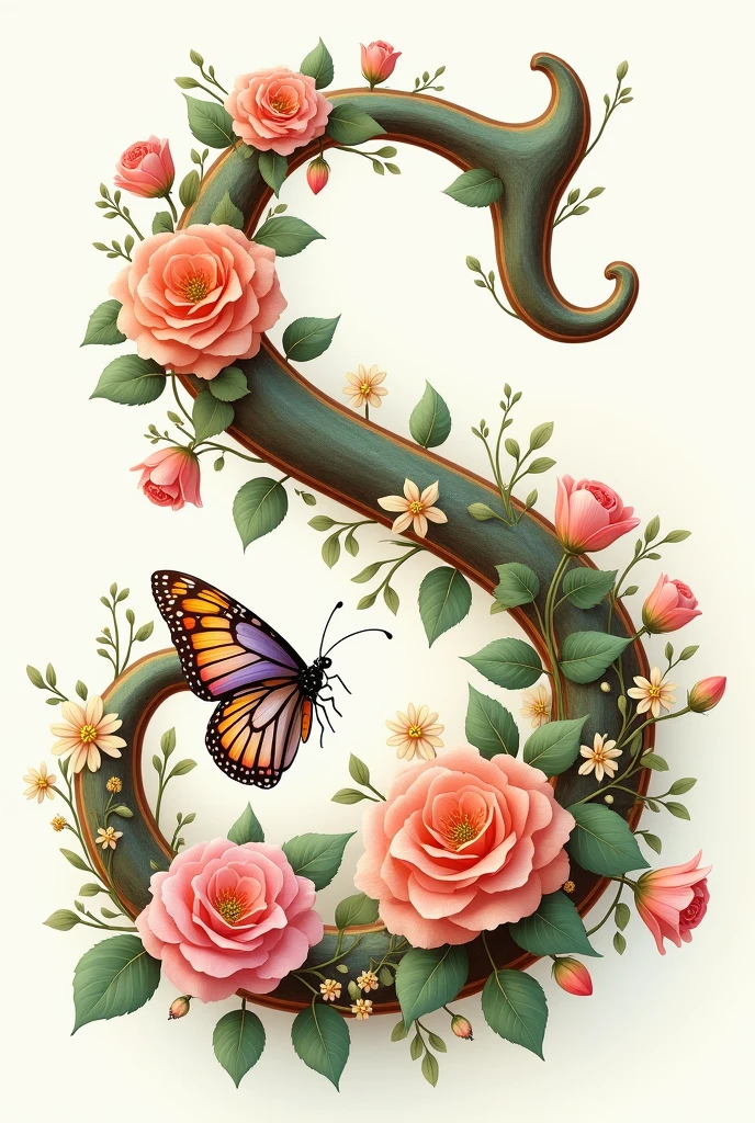 alphabet "s" avec des fleurs & papillon sur fond de portrait