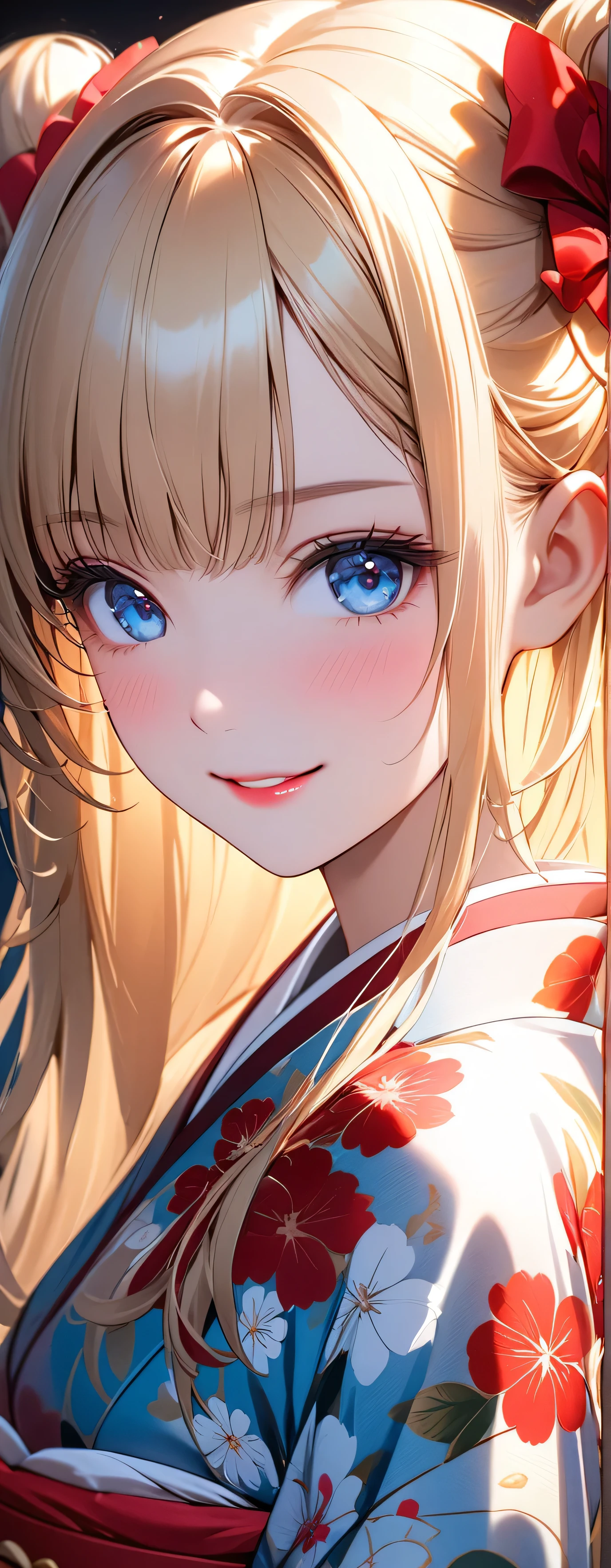 (beautiful girl: 1.3),1girl,masterpiece, Highest quality, Ultra-high resolution,Rich contrast,super high quality,8k,Highly detailed CG unit wallpaper,texture,Unbelievably absurd,Ultra-high resolution,RAW Photos,Depth of Field 1.2,double buns,blonde,Light blue eyes,(Beautiful and detailed kimono),blush,White skin,blonde,Long Hair,Beautiful glossy lips,pinup,((extreme close-up)),smile