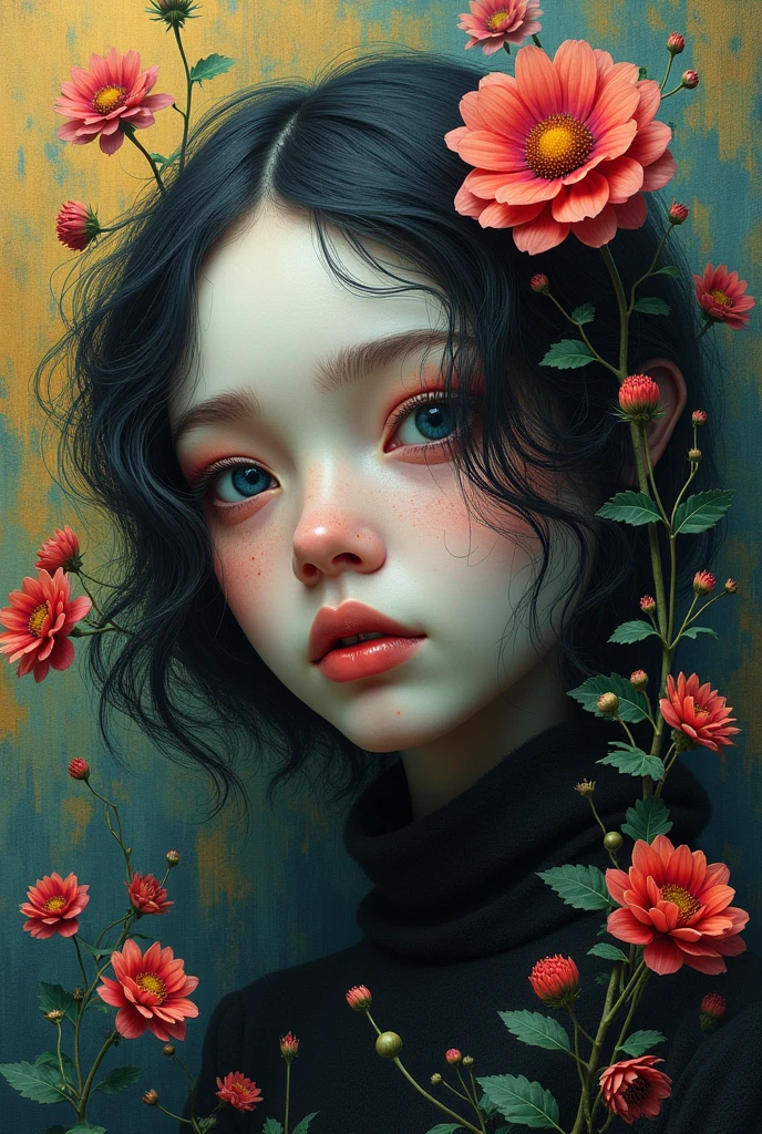 I am she who is trapped in a surrealist painting where only my face is seen in 3D with feelings of sadness from many accumulated lives. A lot of depth of field highlights my face marked by other lives but the lighting varies. There is no specific one but the reality that is seen is impressive. Every detail is perfectly done in these realities. The flowers are totally different from those on Earth. . The message I want to convey is that there are other realities, very real, detailed 3D, of this reality with lies. , 48k uses the rule of thirds bright colors fantastic expression gothic