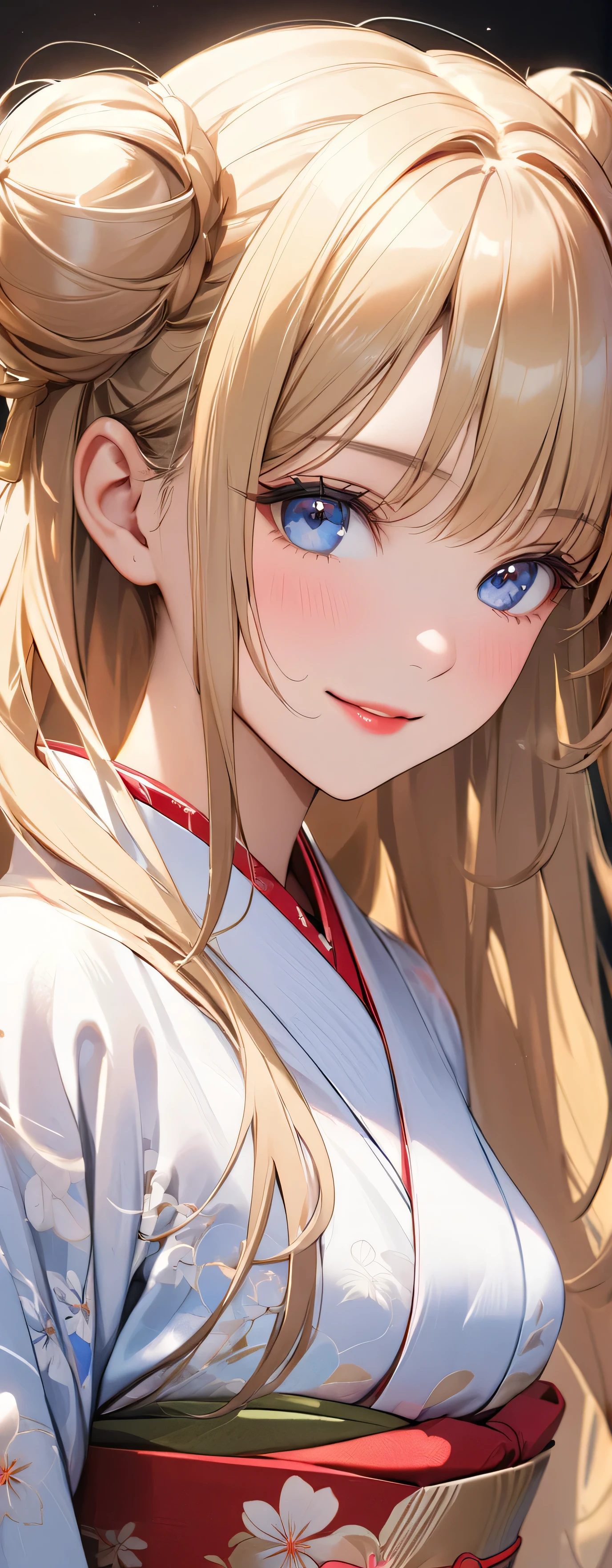 (beautiful girl: 1.3),1girl,masterpiece, Highest quality, Ultra-high resolution,Rich contrast,super high quality,8k,Highly detailed CG unit wallpaper,texture,Unbelievably absurd,Ultra-high resolution,RAW Photos,Depth of Field 1.2,double buns,blonde,Light blue eyes,(Beautiful and detailed kimono),blush,White skin,blonde,Long Hair,Beautiful glossy lips,pinup,((extreme close-up)),light smile